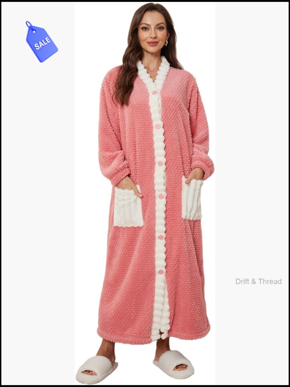 Plush Fleece Kimono Robe with Pockets Button Night Gown S-XXL